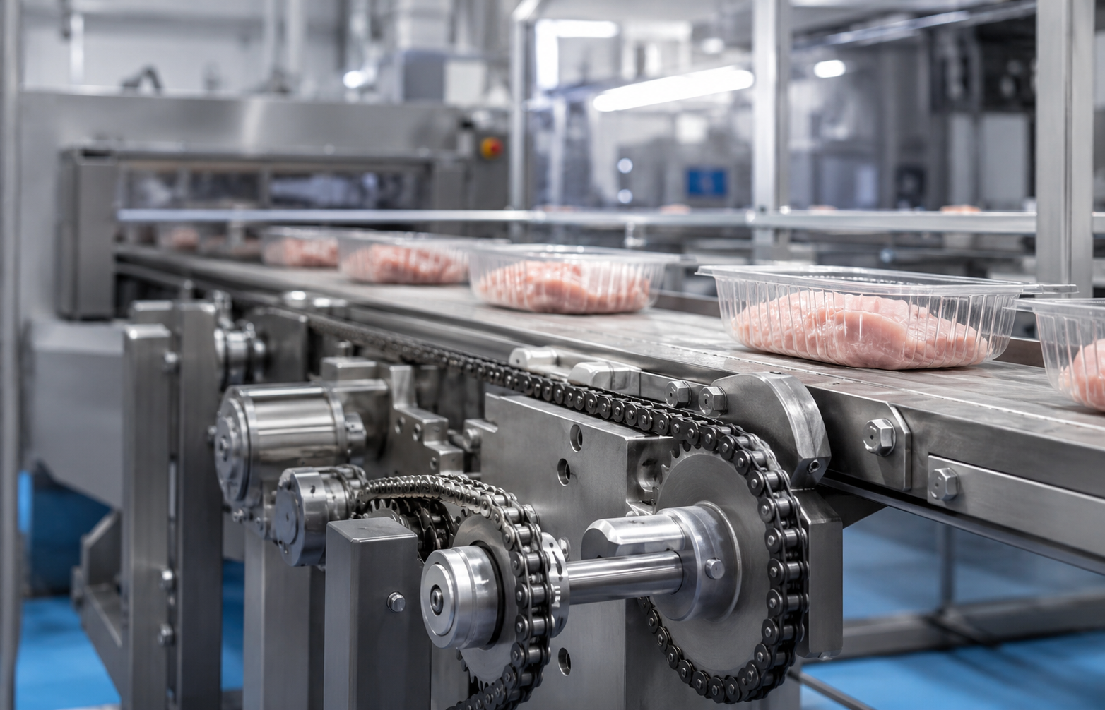 Food processing conveyor line with stainless-steel chain drive components