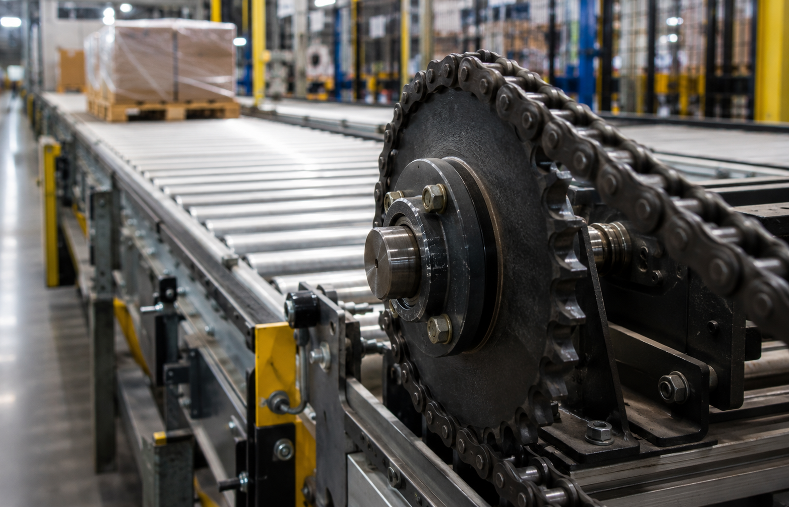Conveyor sprocket and roller conveyor system for industrial material handling