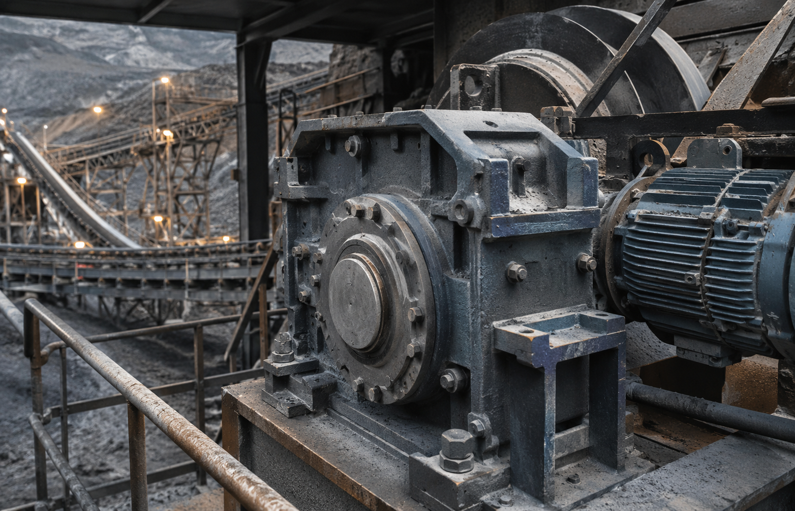 Mining gearbox and conveyor transmission equipment in a mineral-processing site