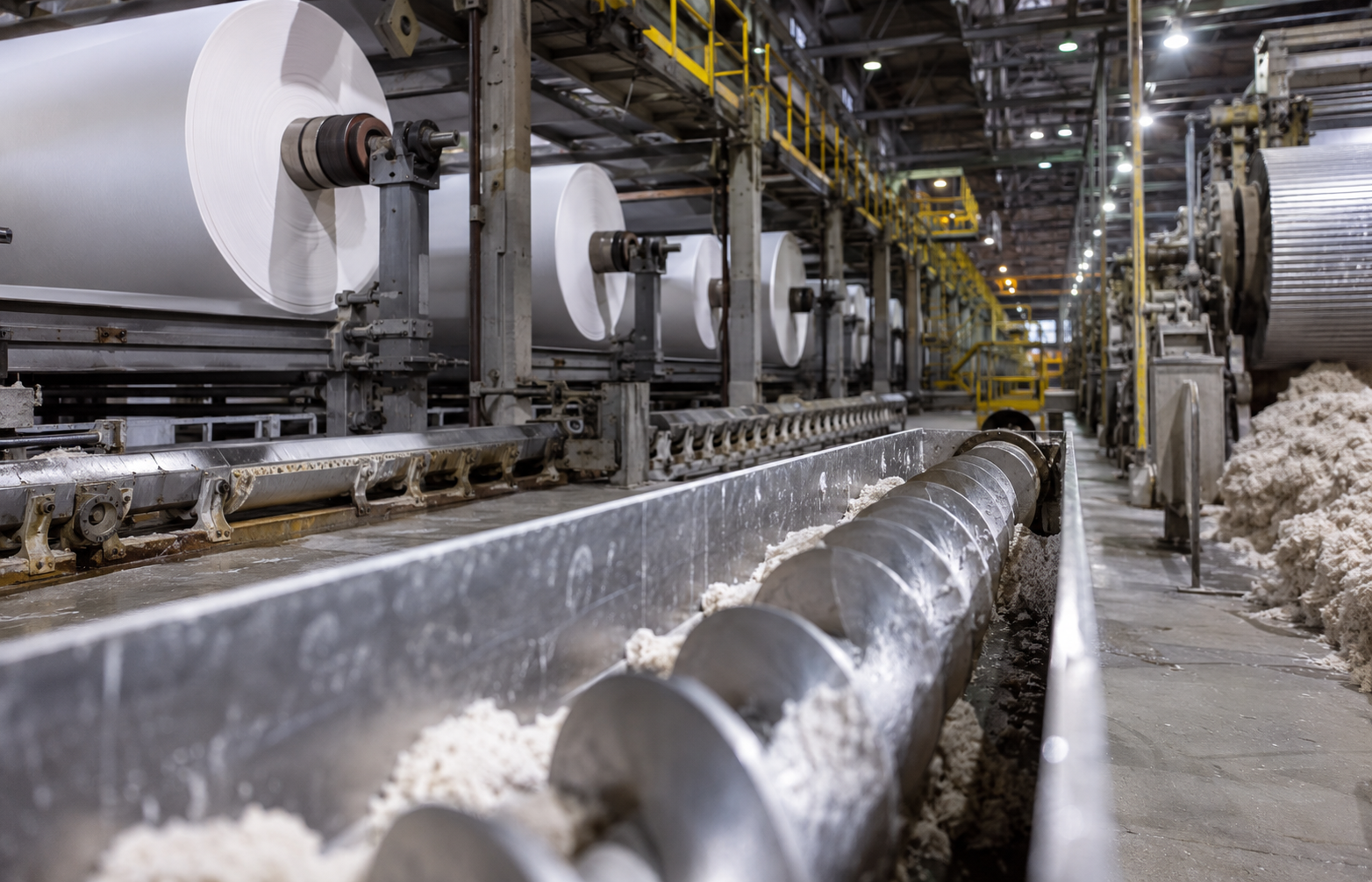 Paper mill production line with synchronized drive and material-handling equipment